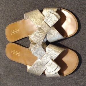 Alex Marie Kiara Bow Criss-Cross Gold Pebbled Leather Slide Sandals